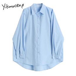 Yitimuceng Button Up Blouse Women Loose Casual Shirts Turn-down Collar Straight Solid Blue Clothes Spring Fashion Tops 210601