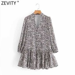 Zevity Women Vintage V Neck Digital Leopard Print Hem Pleat Ruffles Mini Dress Lady Long Sleeve Chic Business Vestido DS4770 210603
