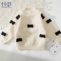 Humor Bear Girls Knitted Sweater Winter Autumn Long Sleeve Warm Round Collar Cute Bow Printed Kids 211201