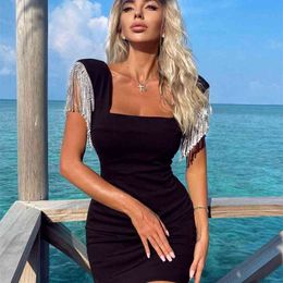 Summer Women Sexy Fashion Crystal Diamond Black Bandage Dress Elegant Sparkly Celebrity Tassel Tank Party Vestido 210527