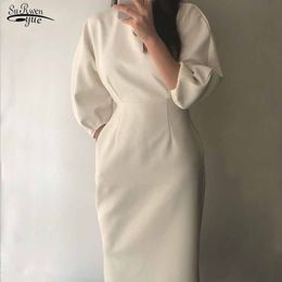 Elegant Slim O-neck Puff Sexy Solid Ladies Office Dress Fashion Color Women Midi Vestidos OL 12089 210521