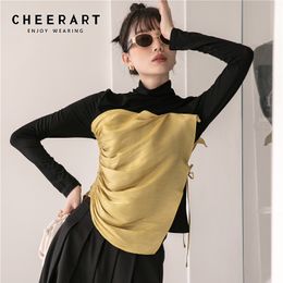 Drawstring Glitter Ruched Top Long Sleeve Blouse Women Turtleneck Patchwork Ladies Designer Korean Fashion 210427
