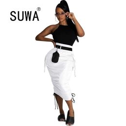 Black/White High Waist Side Pocket Sheath Skirt Women Fashion Work Wear Stacked Bandage Streetwear Female Mid Calf Dress 210525