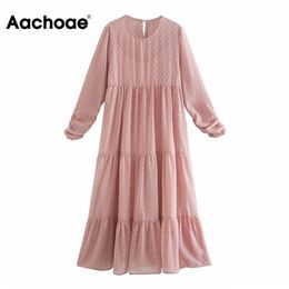 Aachoae Women Sweet O Neck Lace Chiffon Dress Chic Dot Embroidery Ruffle Midi Dress Long Sleeve Ladies Casual Dresses Vestidos 210325