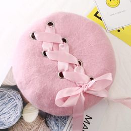 Berets Bandage Bowknot Wool Beret Korean Ladies Autumn And Winter Painter Hat All-match Women's Boinas Beretki