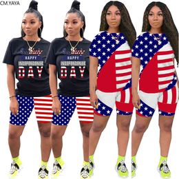 2020 Summer Women American Flag Happy Day Print Two Pieces Sets Tracksuits Tee Tops Shorts Leggings Suit Fitness 2 pcs Outfit X0428