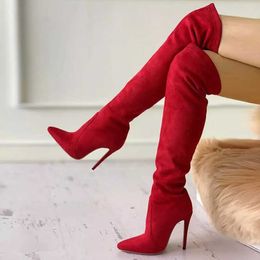 Fashion Elegant Zipper Long Boots Suede Red Pointed Toe Over The Knee Thin High Heeled Boots 2021 Women Spring Summer Shoes Y0914
