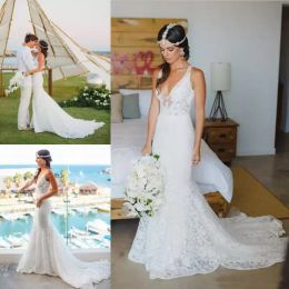 2022 Gorgeous Lace Mermaid Wedding Dresses Bridal Gown V Neck Boho Sweep Train Custom Made Beach Straps Vestido De Novia Plus Size