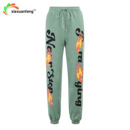 Xiaxuanfeng 2021 Cargo Pants Women Harajuku Loose Flame Print Trousers Sweatpants Korean Fashion Casual Drawstring Jogging Femme Y211115