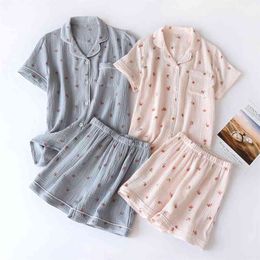 Summer Ladies Short-sleeved Shorts Pajamas Set 100% Cotton Crepe Cloth Thin Home Service Two-piece Spring And Autumn Loose 210830