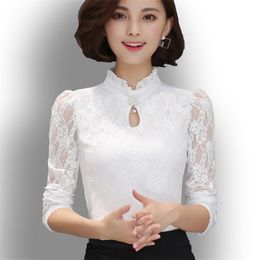Women's Chiffon Lace Blouses Tops Fiminina Blusa Long Puff Sleeved Shirt Ruffled Button Plus Size 6XL 210719