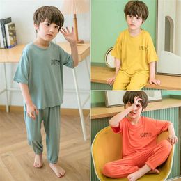 Summer Kid Pyjamas Set Boys Girls Modal Solid Pyjamas Top and Pants Unisex Clothes Toddler Clothing Sleepwear Homewear 211109