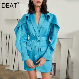 DEAT Women Blue Patchwork Without Belt Single Breasted Blazer New Notched Flying Sleeve Slim Jacket Fashion Summer 2021 7E1096 X0721