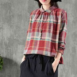 Autumn Fashion Women Shirt Plus Size Long Sleeve Peter Pan Collar Shirts Casual Plaid Blouses Vintage Cotton Ladies Tops D95 210512