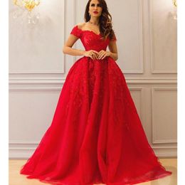 Red Arabic Lace Formal Dresses Evening Wear Off The Shoulder Sequined Evening Gowns Dubai A Line Tulle Appliques Prom Dress240I