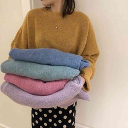 Qooth Sweater Women Loose Plain Color Long Sleeve Crochet Top Pullovers O neck Jumper Women Jacquard JumperQT422 210518