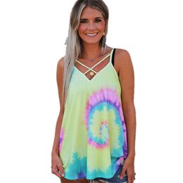 Tie-dye Printed Sun Flower Sleeveless Vest Camisole Fashion Sexy Cross Cutout V-neck Design Ladies Top Summer Tank For Women 210517