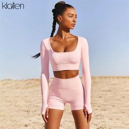 KLALIEN Women Sexy High Street Top and Shorts Two Piece Set Casual Solid Soft Cotton Stretch Fitness Running Tracksuit Autumn 210721
