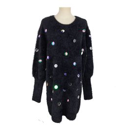 White Black Polka Dot O Neck Long Sleeve Knitted Sweater Dress Loose Mini Short Winter Autumn Sequined M0216 210514