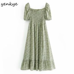 Vintage Floral Print Prairie Chic Women Dress Sexy Square Neck Hem Slits A-line Midi Vestido Summer Chiffon 210430