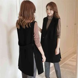 Korean Fashion Split Long Women's Vest Spring Elegant Black Sleeveless Jacket Female Solid Cardigan Waistcoat Vests Colete 210915