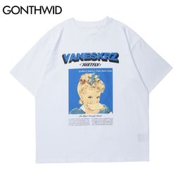 GONTHWID T-Shirts Streetwear Cartoon Poster Print Tshirts Streetwear Harajuku Hip Hop Casual Loose Short Sleeve Tees Shirts Tops C0315