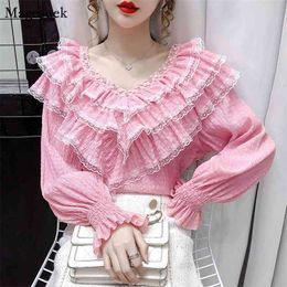 Lace Pleated Ruffles Vintage Long Sleeve Shirt Korean V Neck Elegant Women Blouse Femme Casual White Ladies Tops Mujer 12074 210512