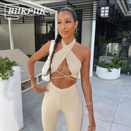 BIIKPIIKWomen Solid Hollow Out Elegnat Two Piece Sets Halter Knitting Female Suits Casual Lounge Wear Basic Matching Set Outifit X0428