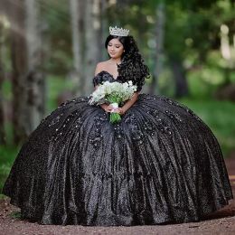 Black Ball Gown Quinceanera Dresses Sparkly Sequins Beaded Off The Shoulder Lace Applique Sweet Pageant Princess Dubai Custom Made Formal Ocn Vestidos