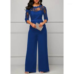 Women's Jumpsuits & Rompers 2021 Women Sexy High Waist Palazzo Jumpsuit 3/4 Sleeve One Piece Lace Peplum With Long Wide Leg Pant Three Quart