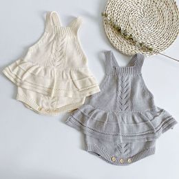 Spring Kids Girl Braces Rompers Infant Baby born Pure Colour Knit Clothes 210429