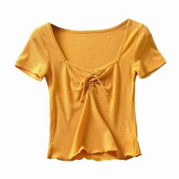 Summer black t shirt women tshirt crop top cute sexy yellow short sleeve shirts kawaii korean clothes streetwear 210521