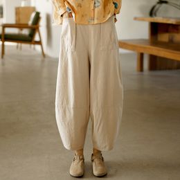 Johnature Women Cotton Linen Harem Pants Elastic Waist Solid Colour Vintage Trouser Patchwork Pockets Spring Loose Pants 210521