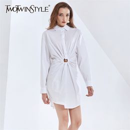 Hollow Out Dress For Women Lapel Collar Long Sleeve Ruched High Waist Straight Dresses Female Fashion Clothing 210520