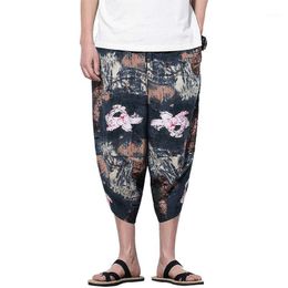 Men Harem Pants Capri Cropped Wide Leg Casual Summer Linen Trousers Lotus Print Personality Cotton Breathable Men's