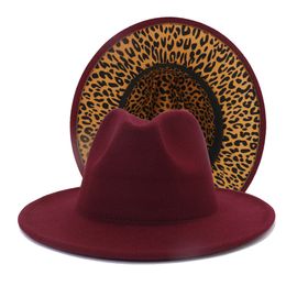 Burgundy with Leopard Patchwork Wool Felt Jazz Fedora Hats for Women Men Wholesale Wine Red Two Tone Panama Party Wedding Hat