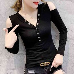 Autumn T-shirt Women Black V-neck Off-shoulder Buttons Slim Stretchy Cotton Tops Shirt Bottoming Long Sleeve T98694 210421