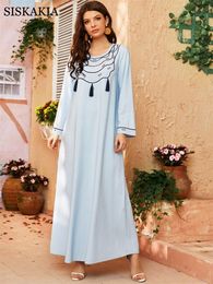 light blue maxi dresses Canada - Casual Dresses Siskakia Ethnic Maxi Dress For Women Embroidery O Neck Long Sleeve Loose Tassel Robe 4XL 3XL Light Blue