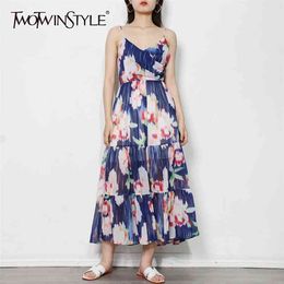 Vintage Print Dress For Women V Neck Sleeveless High Waist Hit Colour Summer Dresses Female Fashion Clothing 210520