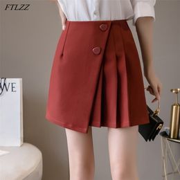 Women High Waist Asymmetrical Mini Skirt Spring Summer Solid Colour Ruffles Button Ins Pleated Short Skirts 210430