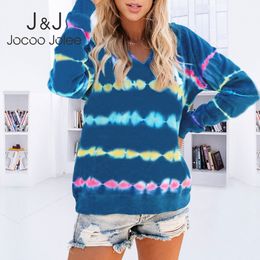Jocoo Jolee Casual V-neck Hooded Sweatshirts Long Sleeve Oversized Tie Dye Hoodies Vintage Harajuku Pullover Tops Streetwear 210518