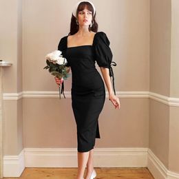 Dress Women Black Vintage Elegant High Waist Party Short Sleeve Summer Slim French Sexy Dress Long Vestido Female Cotton 210422