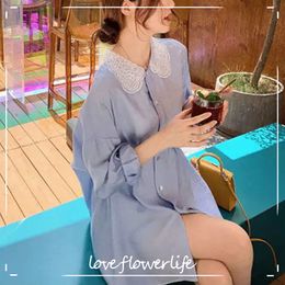 Elegant Shirt Dress Women Lace Chiffon Long Sleeve Casual Mini Dress Office Lady High Waist Dress Korean Summer 210521