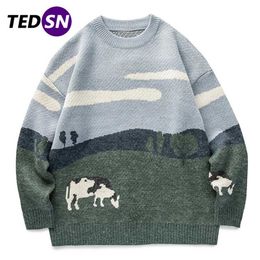 Men Cow Vintage Winter Sweater Pullover O-Neck Korean Knitted Sweater Women Casual Harajuku Couple Knit Streetwear Oversize 211018