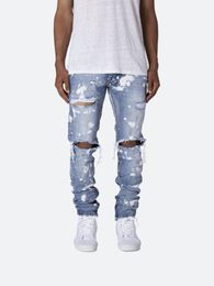Men's Jeans Men Street Outfit Distressed Snow Wash Paint Dot Design Pencil Fashion Slim Jean Knee Holes Hip Hop Denim Trousers