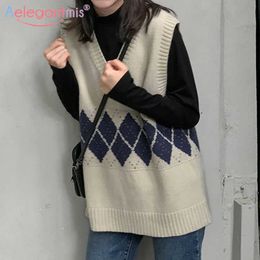 Aelegantmis Preppy Vintage Argyle Sweater Vest Women Korean Sleeveless Leisure Student Waistcoats Knit Ladies Simple All-match 210607