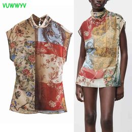 Fashion Semi Sheer Print Patchwork Woman Shirt Summer Retro Long Top Chiffon Blouse Women Sleeveless High Street Clothes 210430