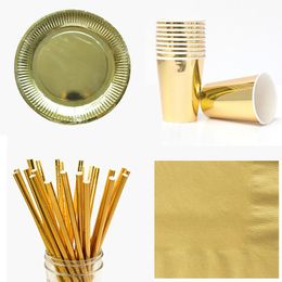 Disposable Dinnerware 6Guests Gold/Silver Tableware Sets Paper Plates Cups Straws Wedding Birthday Party Decration Supplies Eco-Friendly