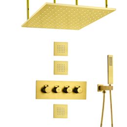 Brushed Gold Rainfall Shower Head Set 16 Inch LED 3 Colour Temperature Changing Bathroom Thermostatic Showers Combo Set