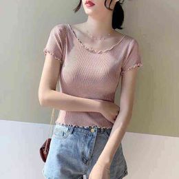 Vintage Wood Ears O Neck Short Sleeve T-shirt 2021 New Woman Slim Fit t Shirt Tight Tee Summer Retro Tops 8 Colours G220228